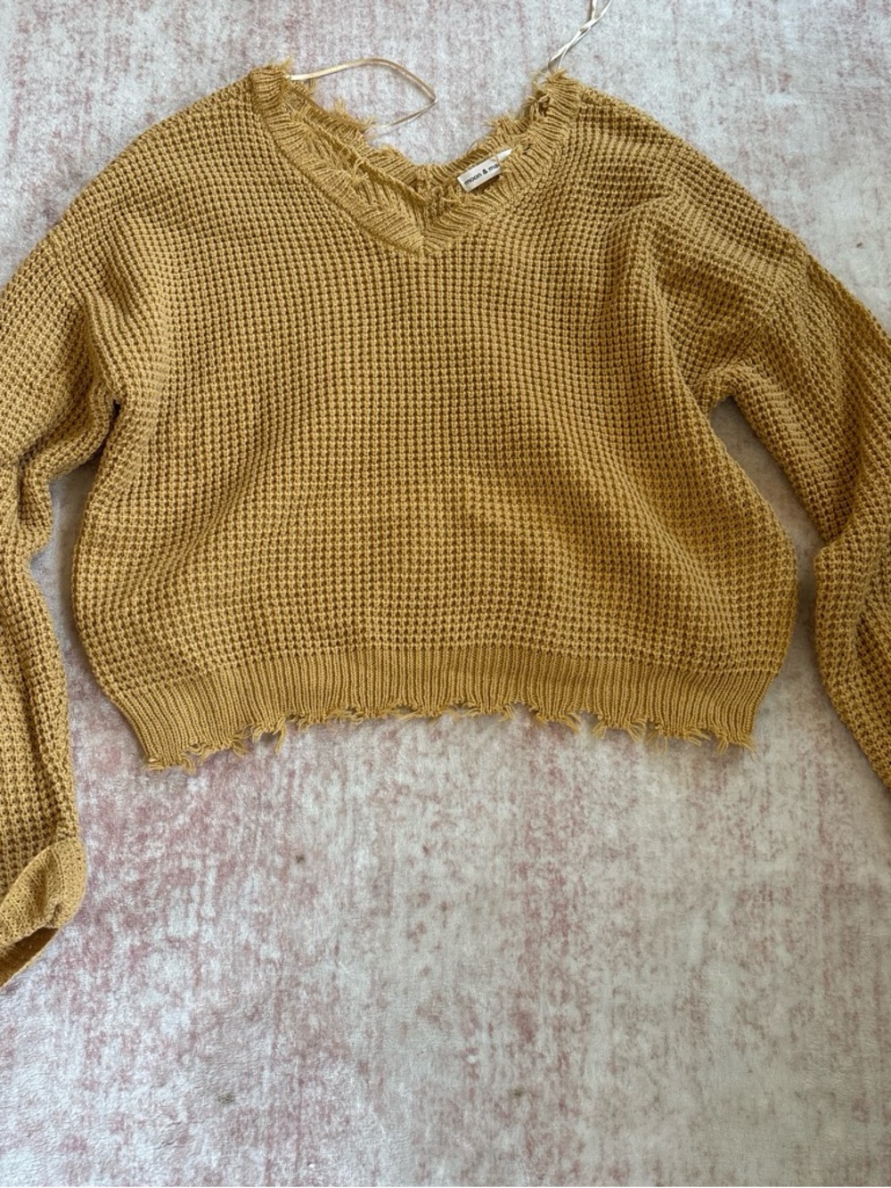 Moon & Madison Mustard Yellow Distressed V-Neck Women’s Sweater